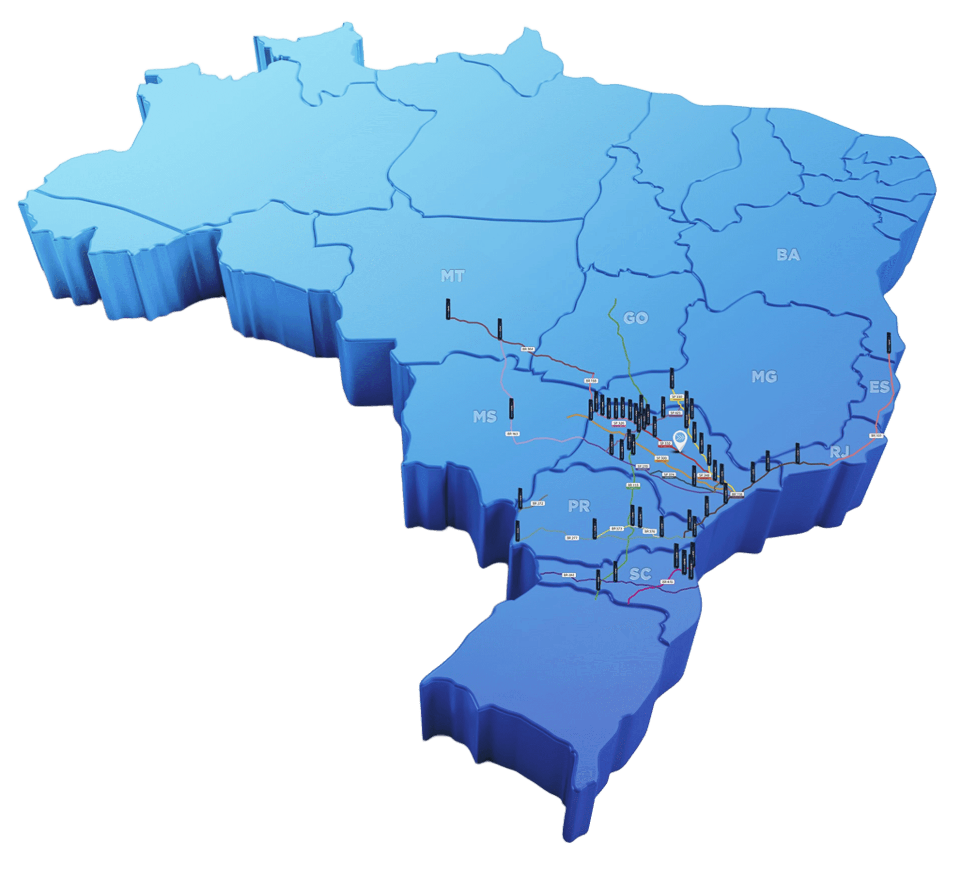 Monte Carlo Company coverage map on the main routes of Brazil